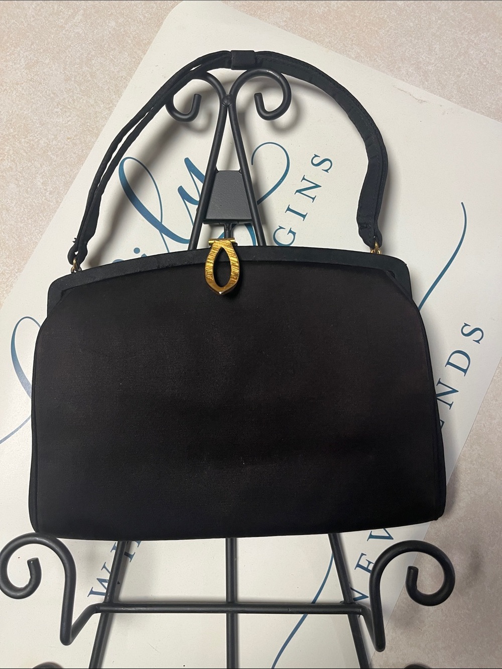 Black Satin Evening Clutch with Gold Accent and Oval Double- sided Mirror